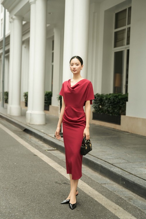 Sixdo Dark Red Woven Pencil Dress